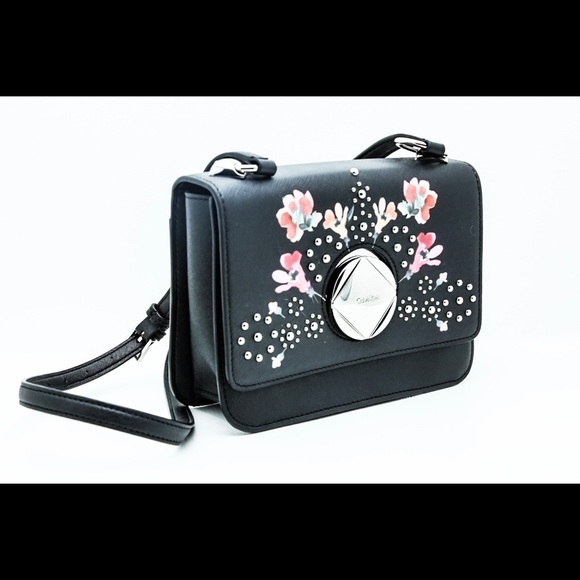 Black Floral Crossbody Purse Metal Studs